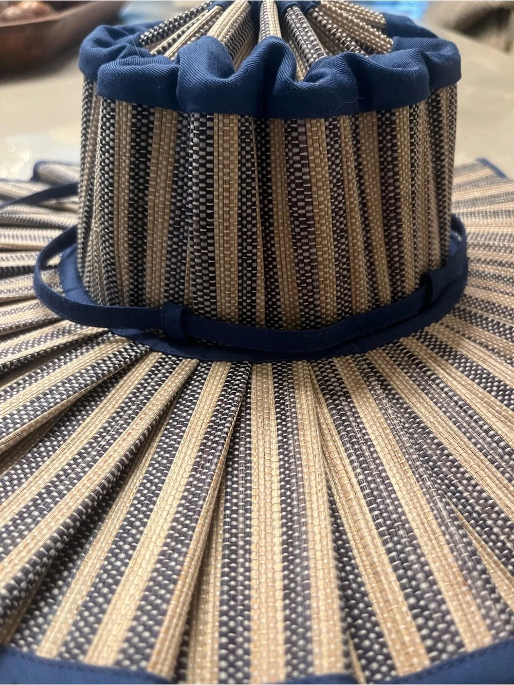 Striped blue and Cream Pleated Wide-Brim Sun Hat Lorna Murray